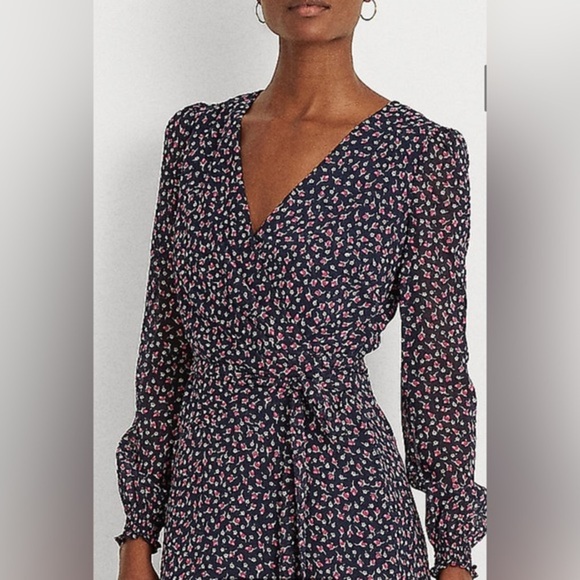 LAUREN Ralph Lauren black pink Floral‎ Georgette long sleeve Dress size 0 new - Picture 8 of 8